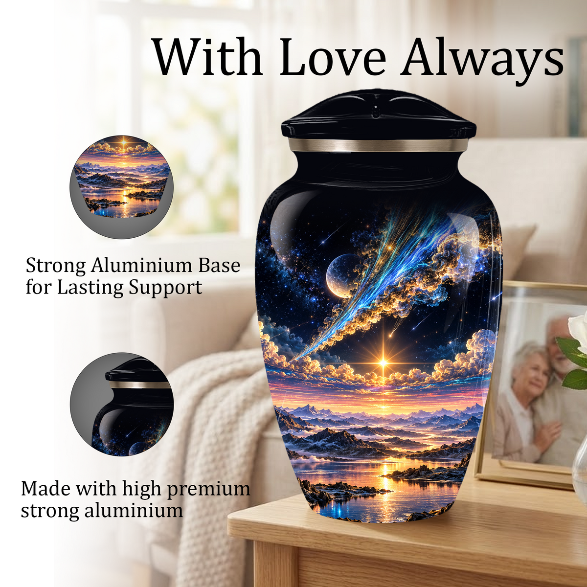 Personalized Adult Cremation Urn for Ashes, Custom Memorial Urn, Galaxy and Mountain Sunset Design