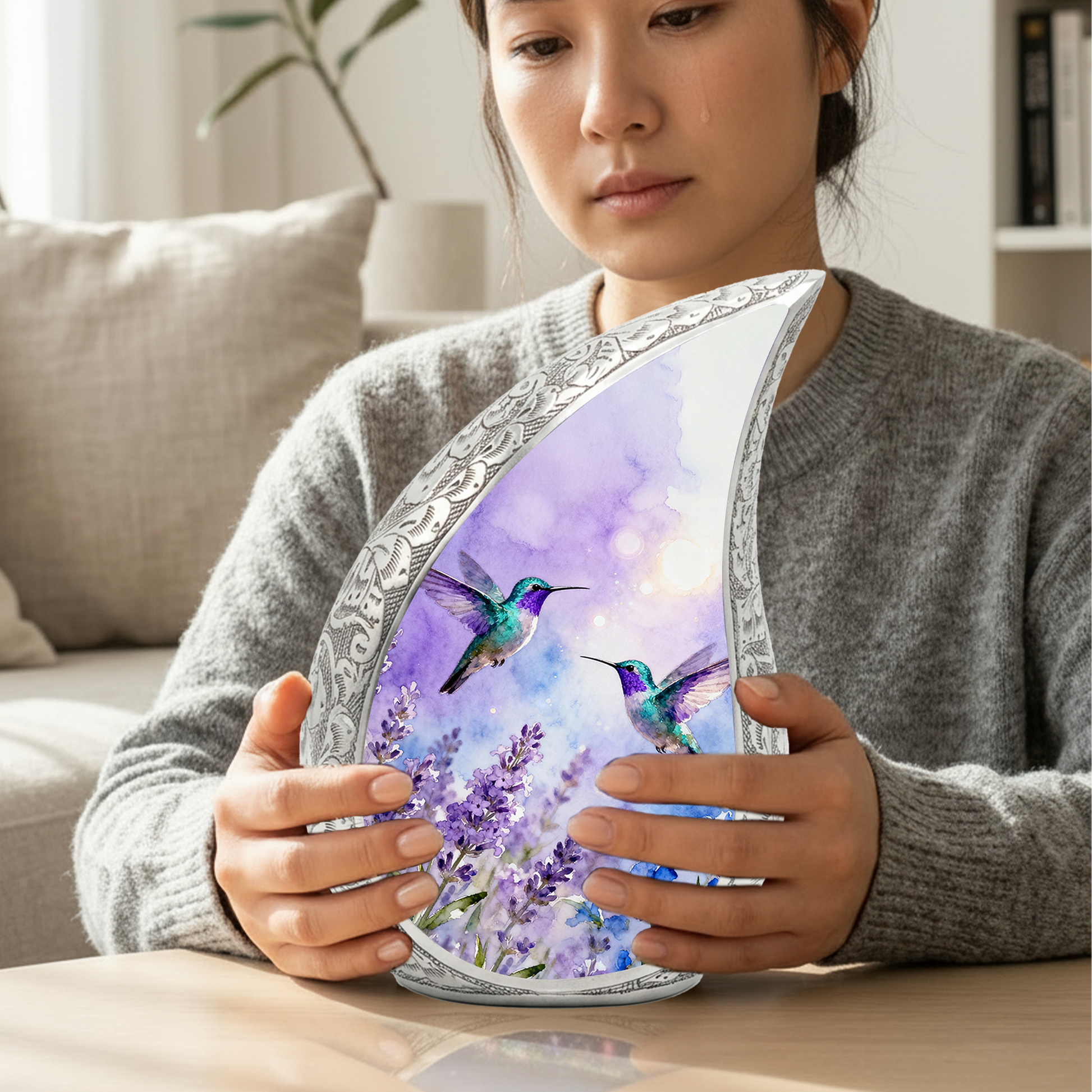 Hummingbird Personalized Cremation Urn for Mom – Teardrop Style Aluminum Memorial Urn, 10 Inch