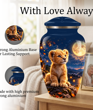 Personalized Adult Cremation Urn for Ashes, Baby Lion Under Golden Moon Memorial Urn