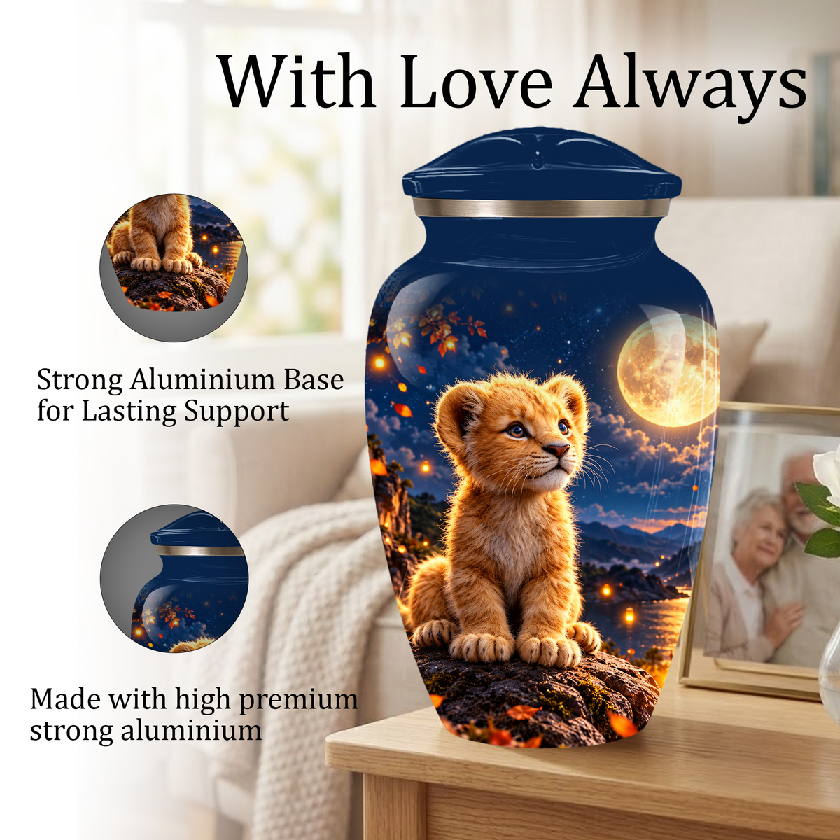 Personalized Adult Cremation Urn for Ashes, Baby Lion Under Golden Moon Memorial Urn