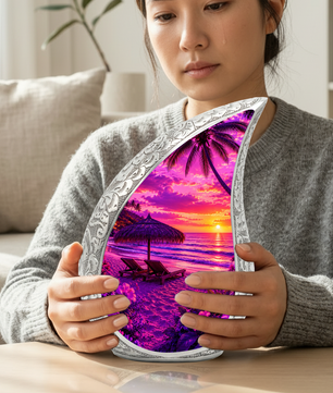 Beach Urns for Human Ashes – Purple Tropical Sunset Beach Themed Cremation Urn with Palm Trees