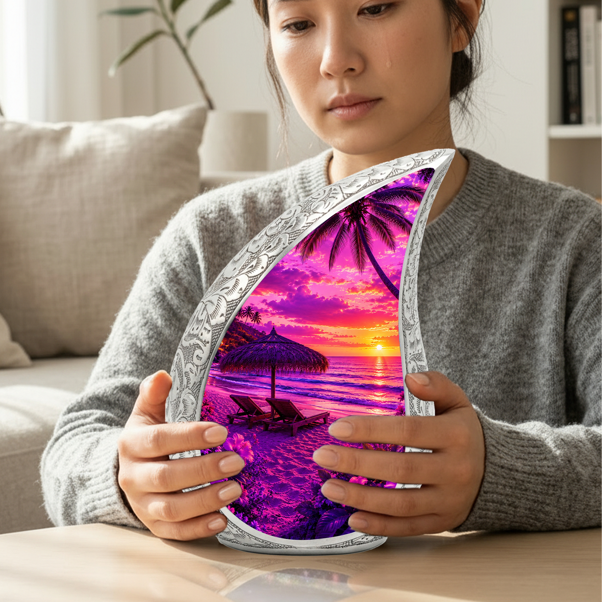 Beach Urns for Human Ashes – Purple Tropical Sunset Beach Themed Cremation Urn with Palm Trees