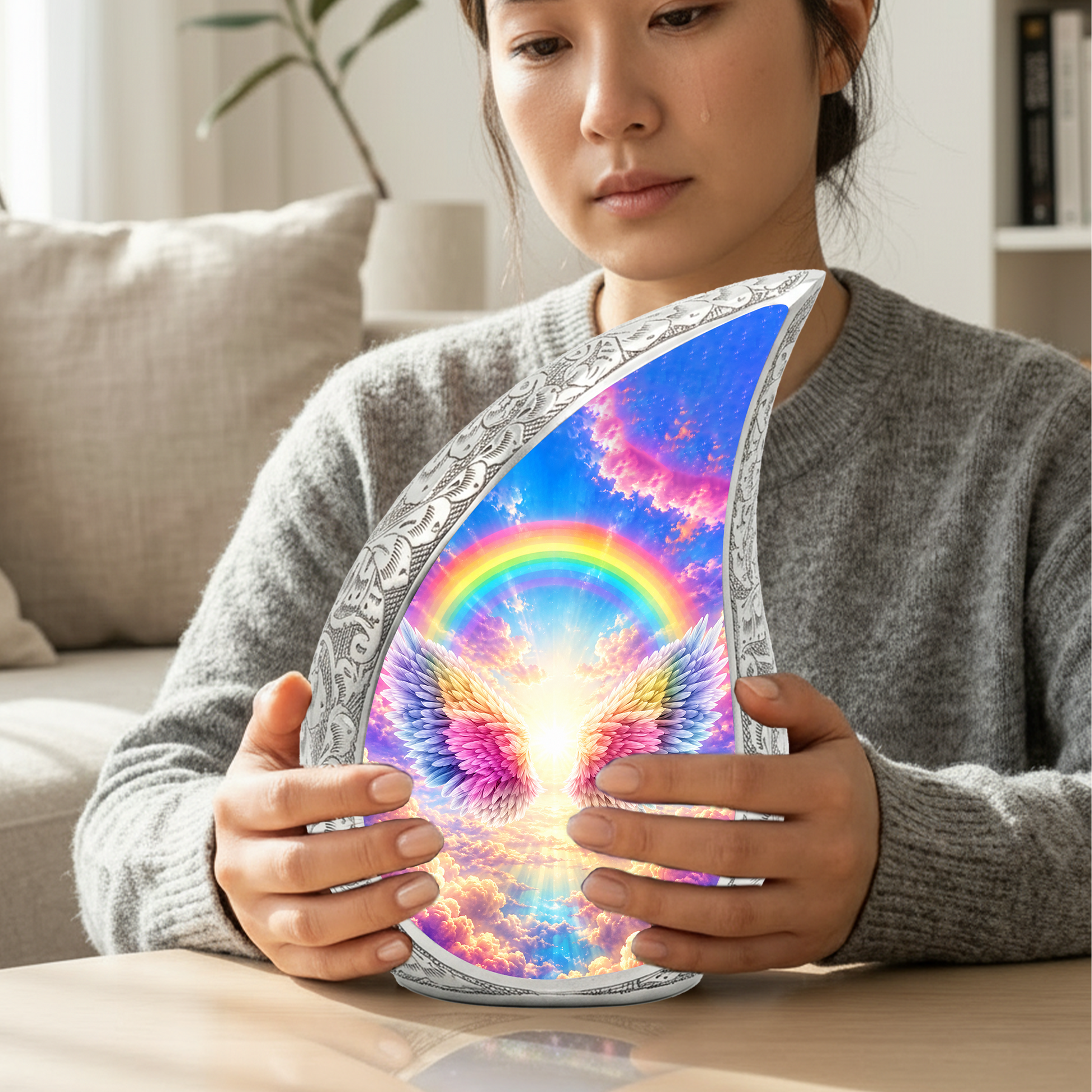 Rainbow Angel Wings Urn for Mom, Personalized Cremation Urn for Ashes