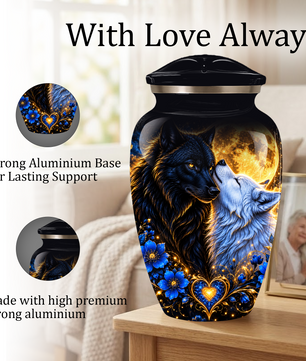 Personalized Wolf Cremation Urn for Ashes, Black and White Wolf Memorial Urn, Blue Floral Adult Urn, Custom Adult Urn