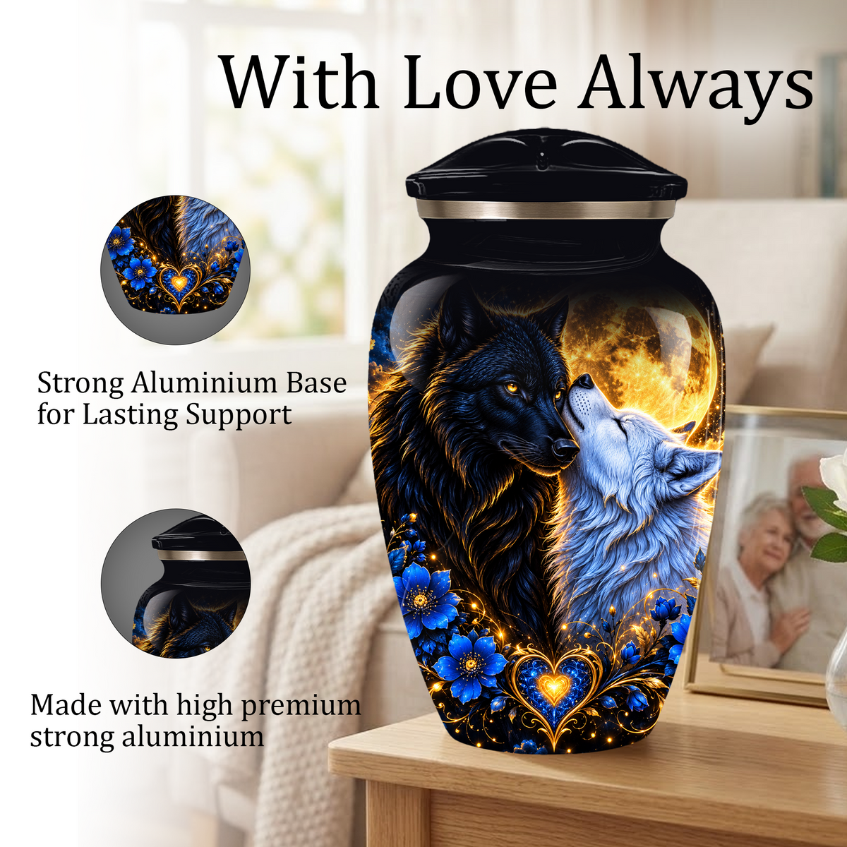 Personalized Wolf Cremation Urn for Ashes, Black and White Wolf Memorial Urn, Blue Floral Adult Urn, Custom Adult Urn