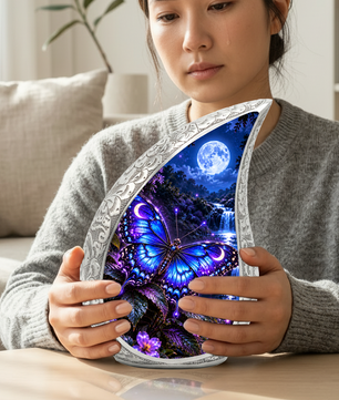 Blue Butterfly Cremation Urn for Adult Ashes, Glowing Purple Butterfly Memorial Urn