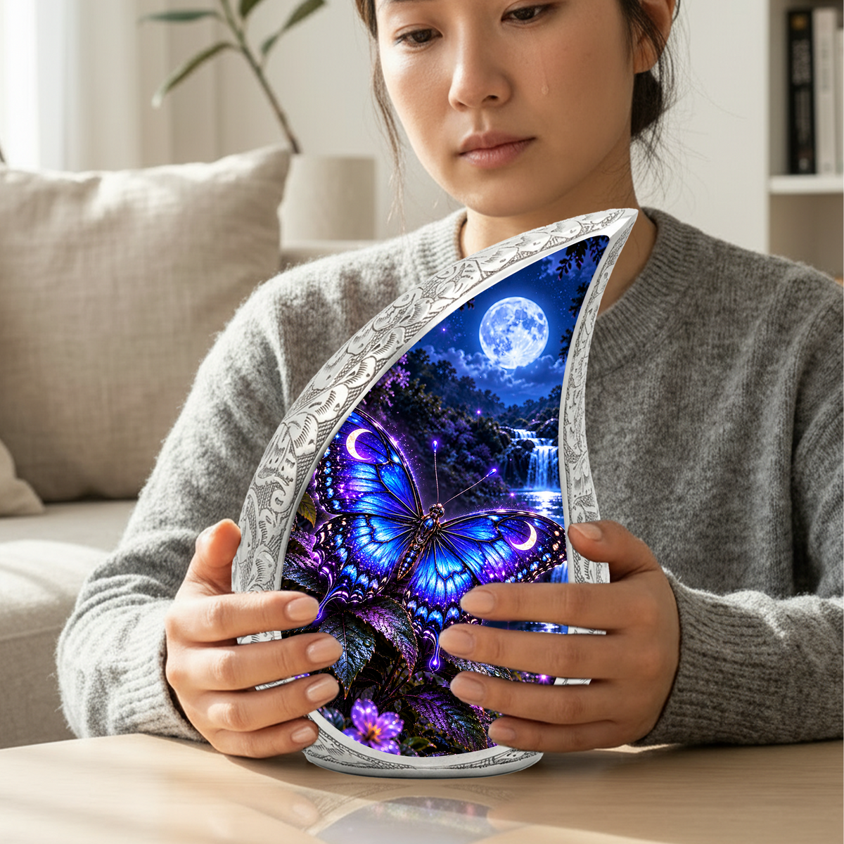 Blue Butterfly Cremation Urn for Adult Ashes, Glowing Purple Butterfly Memorial Urn