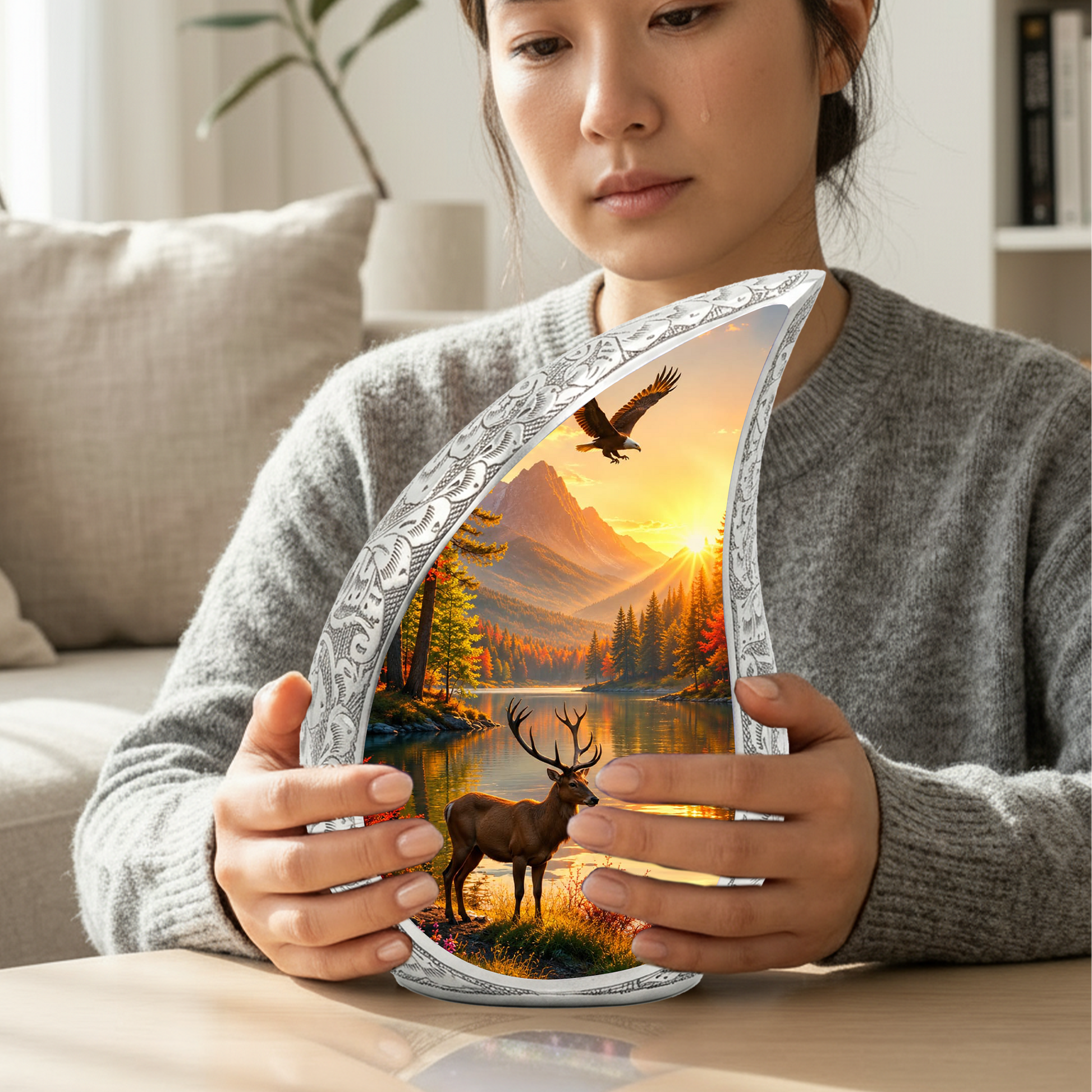 Deer Memorial Adult Urn for Ashes, Mountain Lake Cremation Urn