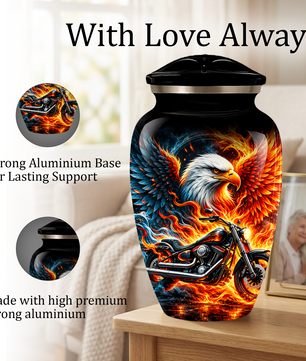 Eagle and Motorcycle Cremation Urn for Adult Ashes, Fiery Phoenix Eagle Biker Urn for Human Ashes