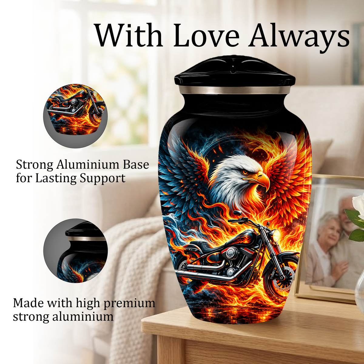 Eagle and Motorcycle Cremation Urn for Adult Ashes, Fiery Phoenix Eagle Biker Urn for Human Ashes
