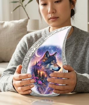 Personalized Wolf Dog Cremation Urn – Custom Pet Memorial Urn for Dog Ashes, Woodland Wolf Teardrop Aluminum Pet Urn, 10 Inch