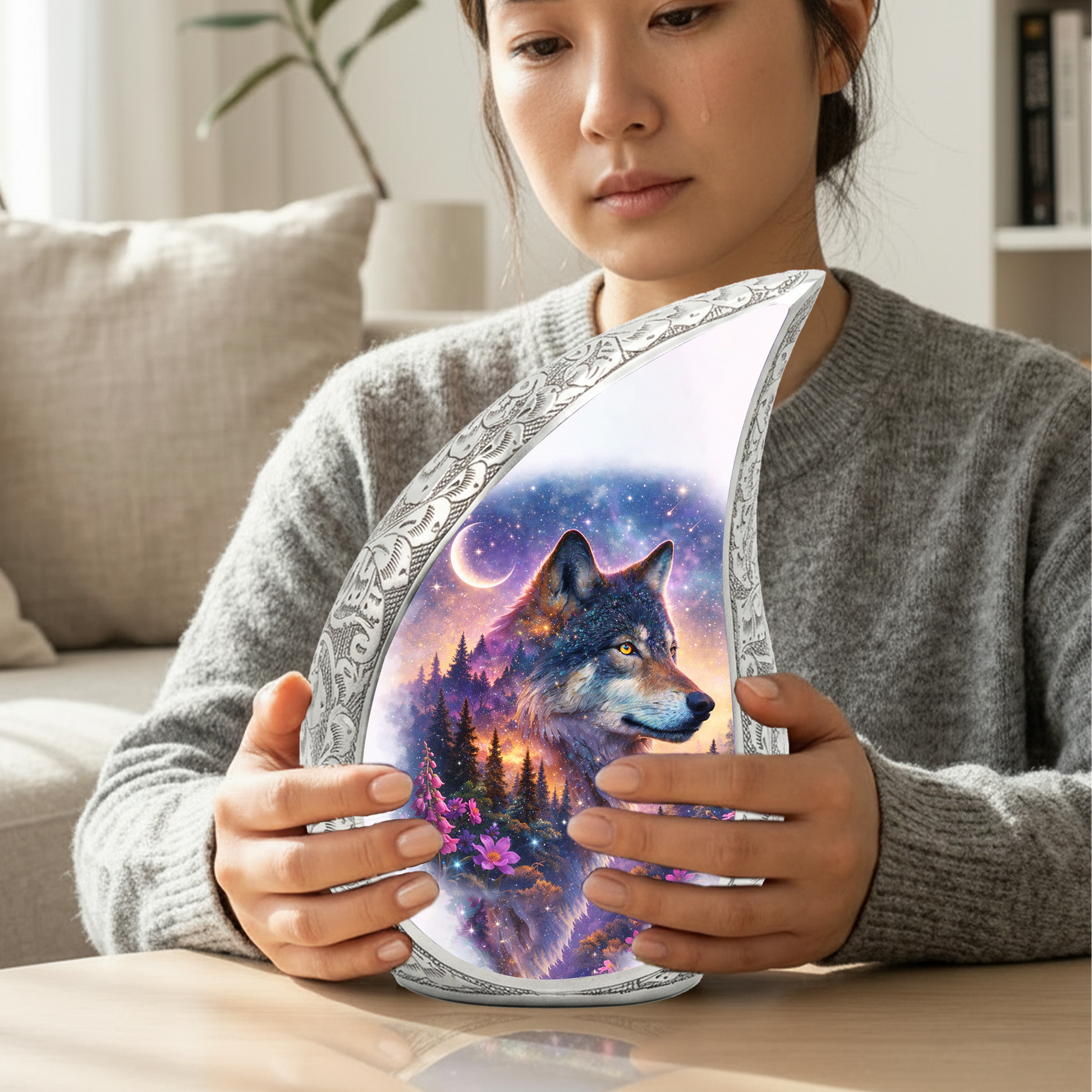 Personalized Wolf Dog Cremation Urn – Custom Pet Memorial Urn for Dog Ashes, Woodland Wolf Teardrop Aluminum Pet Urn, 10 Inch