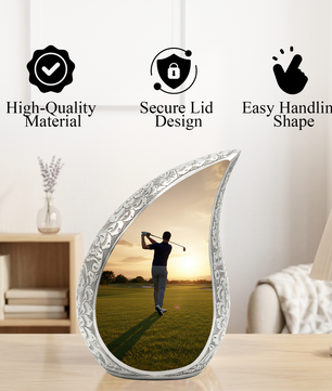 Golf Personalized Cremation Urn for Dad – Teardrop Style Aluminum Memorial Urn, 10 Inch