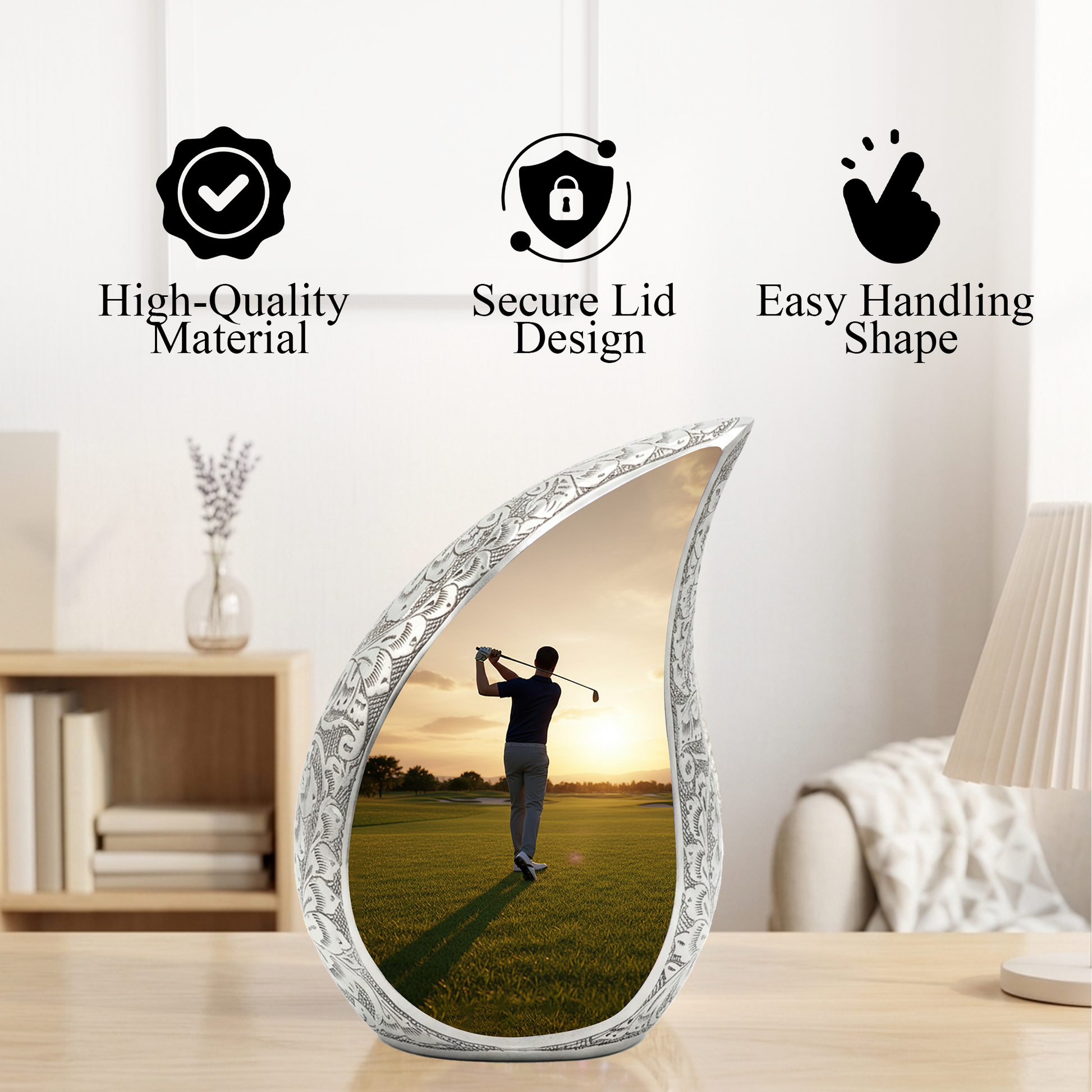 Golf Personalized Cremation Urn for Dad – Teardrop Style Aluminum Memorial Urn, 10 Inch