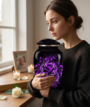 Purple Rose Adult Urn for Ashes – Gothic Floral Design Black Cremation Urn for Adults