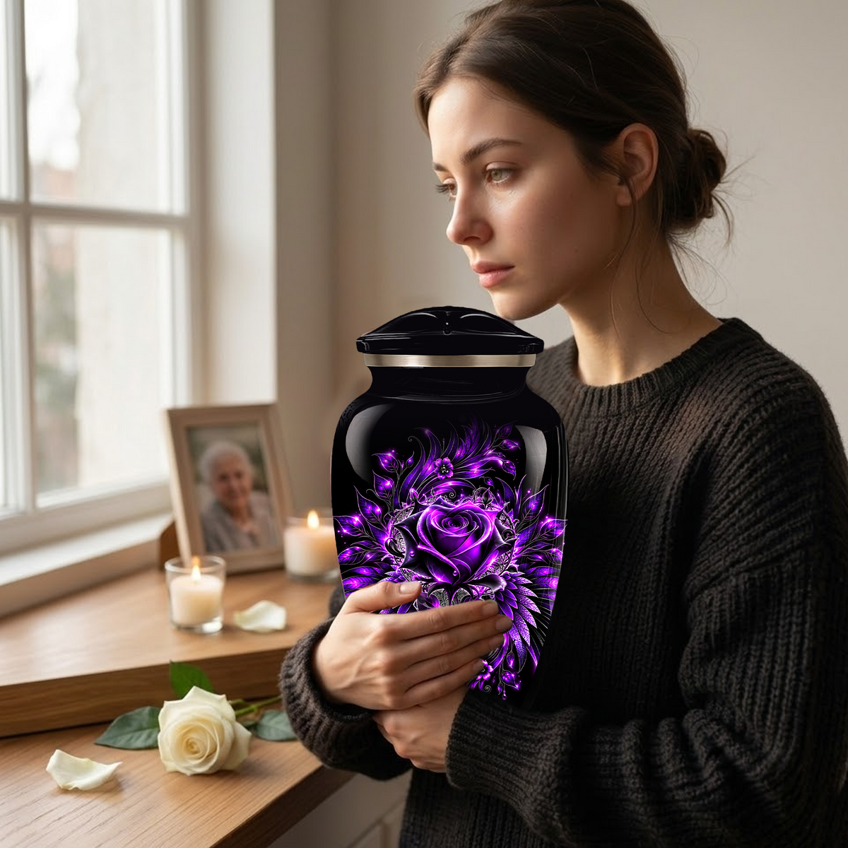 Purple Rose Adult Urn for Ashes – Gothic Floral Design Black Cremation Urn for Adults