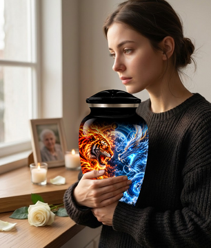 Personalized Adult Cremation Urn for Ashes, Fire and Ice Tiger and Dragon Memorial Urn