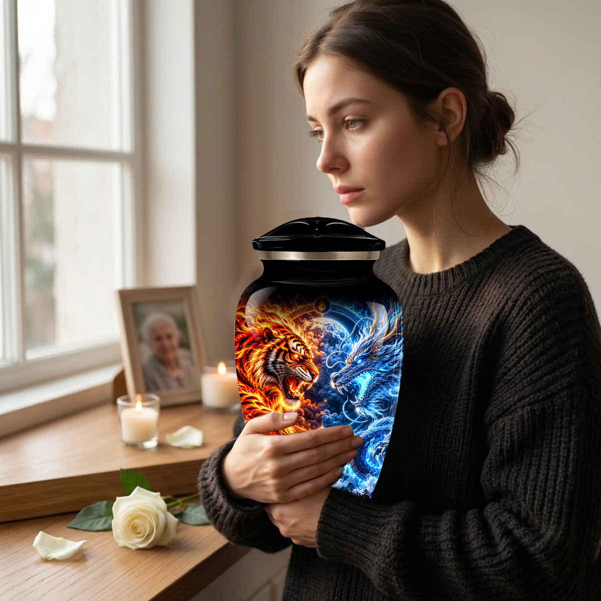 Personalized Adult Cremation Urn for Ashes, Fire and Ice Tiger and Dragon Memorial Urn