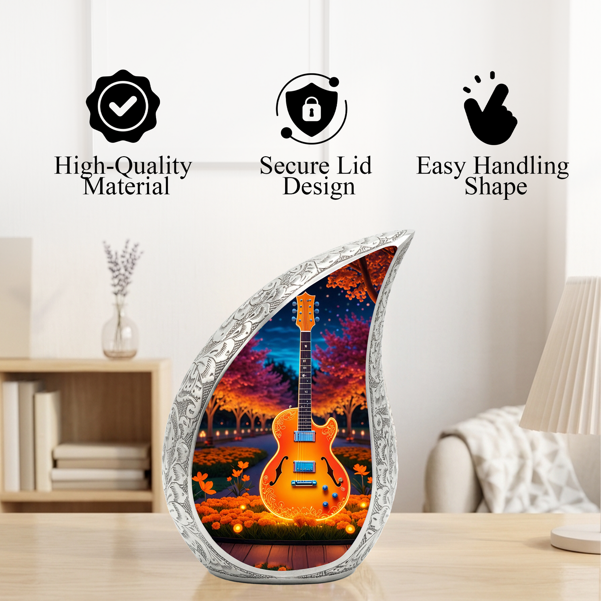 Personalized Guitar Cremation Urn – Custom Music Memorial Urn for Ashes, Teardrop Aluminum Adult Urn, 10 Inch