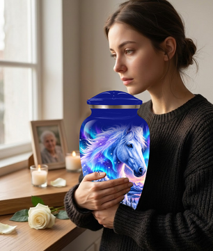 White Horse Cremation Urn for Adult Ashes, Blue Memorial Urn with Snowy Mountain and Northern Lights Artwork