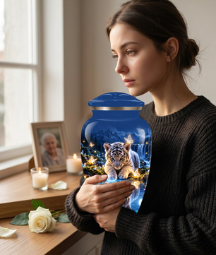 Personalized Adult Cremation Urn for Ashes, White Tiger Cub Memorial Urn, Custom Animal Urn