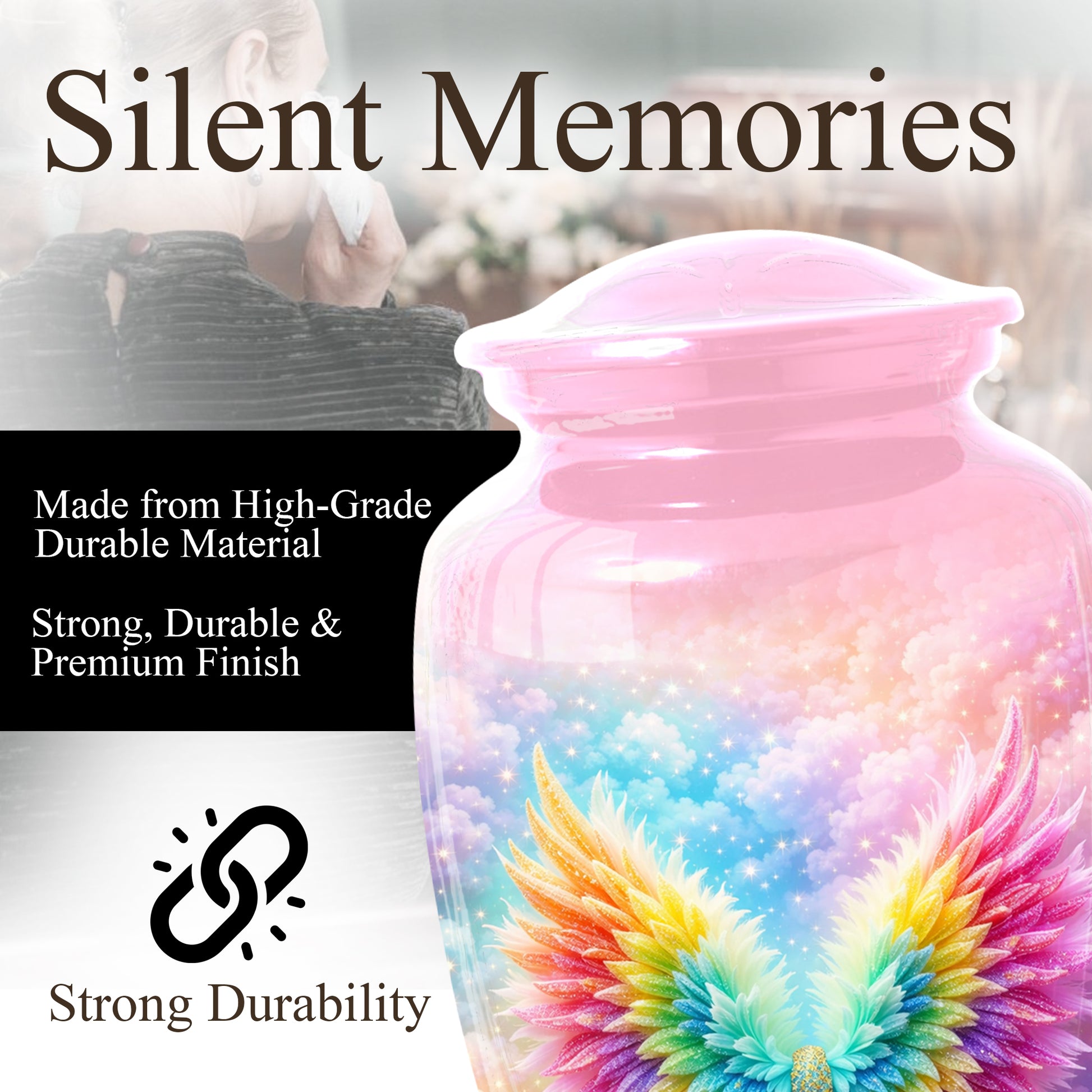 Angel Wings Urn for Mom, Rainbow Memorial Large Urn,Cremation Urn for Mama