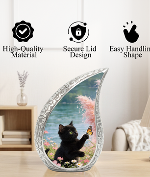 Butterfly Memorial Cat Urn - Black Cat Urn for Ashes, Custom Pet Urn for Cat
