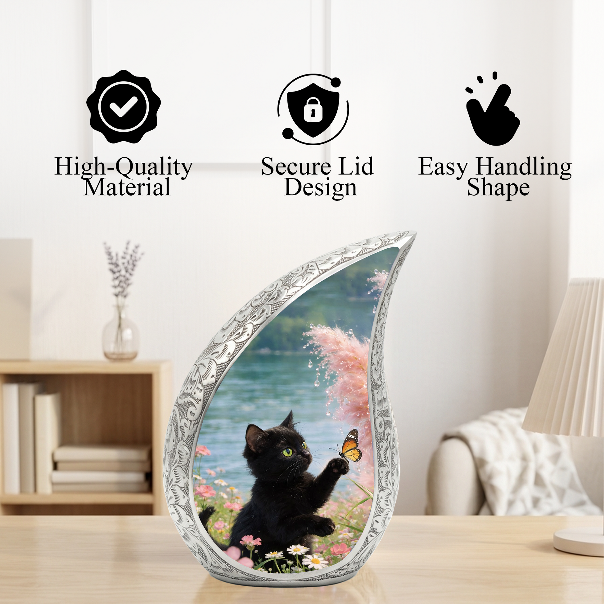 Butterfly Memorial Cat Urn - Black Cat Urn for Ashes, Custom Pet Urn for Cat