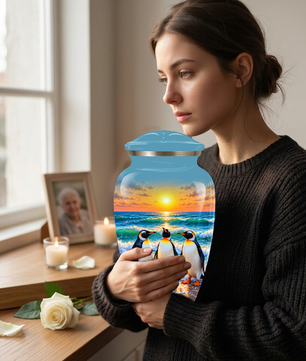 , Penguin Beach Sunset Memorial Urn, Ocean-Themed Urn for Human Ashes