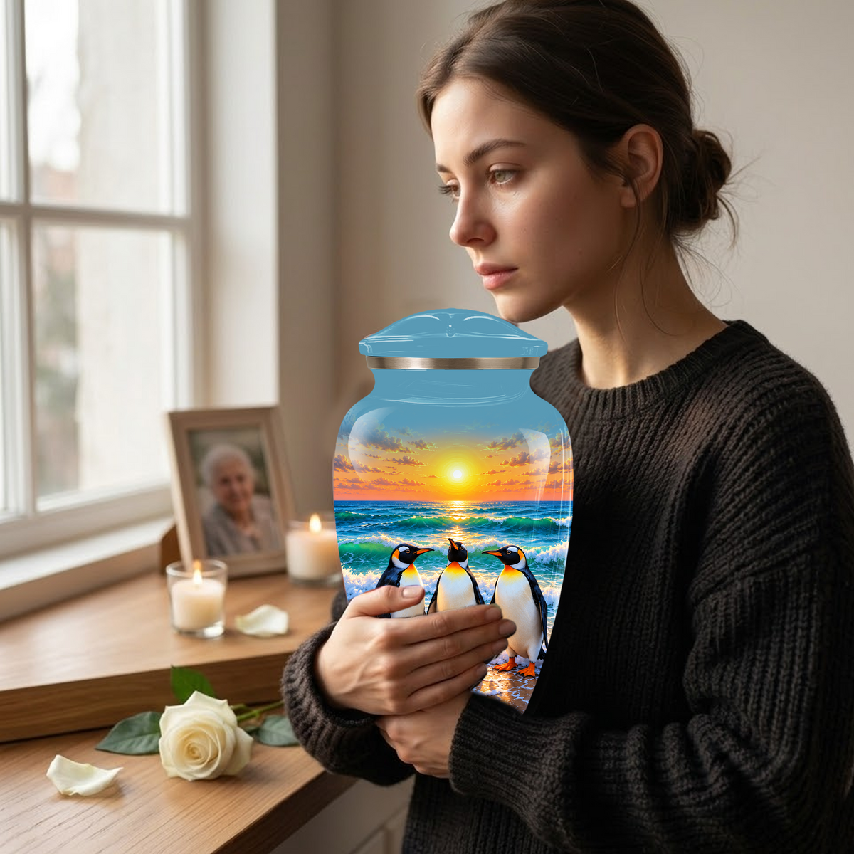 , Penguin Beach Sunset Memorial Urn, Ocean-Themed Urn for Human Ashes