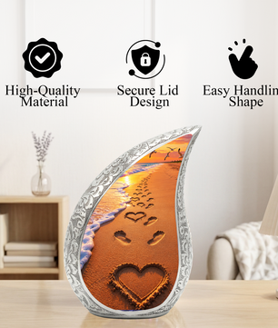 Beach Footprints Memorial Urn for Human Ashes – Personalized Cremation Urn | Heart in Sand Funeral Urn for Mom, Dad & Loved Ones