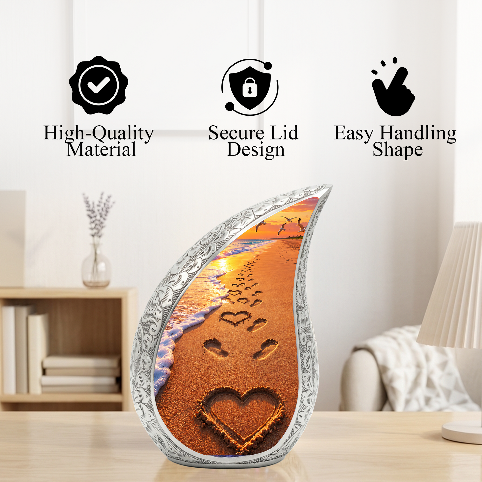 Beach Footprints Memorial Urn for Human Ashes – Personalized Cremation Urn | Heart in Sand Funeral Urn for Mom, Dad & Loved Ones