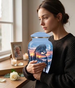 Snowy Horse Cremation Urn for Adult Ashes, Black Horse in Winter Forest Memorial Urn, Personalized Urn for Human Ashes