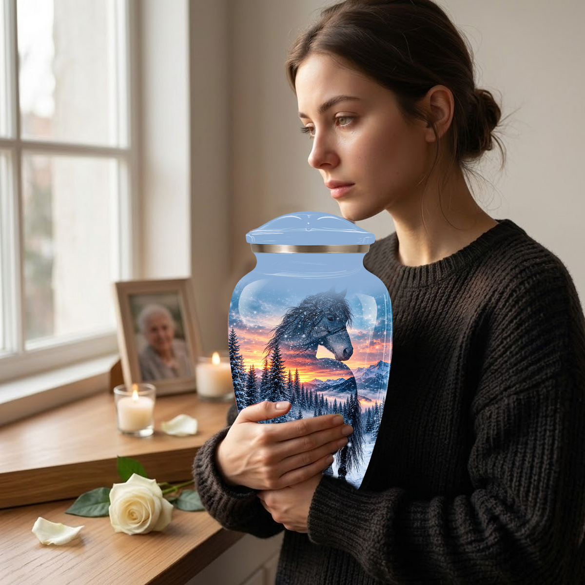 Snowy Horse Cremation Urn for Adult Ashes, Black Horse in Winter Forest Memorial Urn, Personalized Urn for Human Ashes