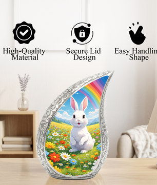 Personalized Rabbit Cremation Urn – Rainbow Meadow Teardrop Memorial Urn, 10 Inch Aluminum