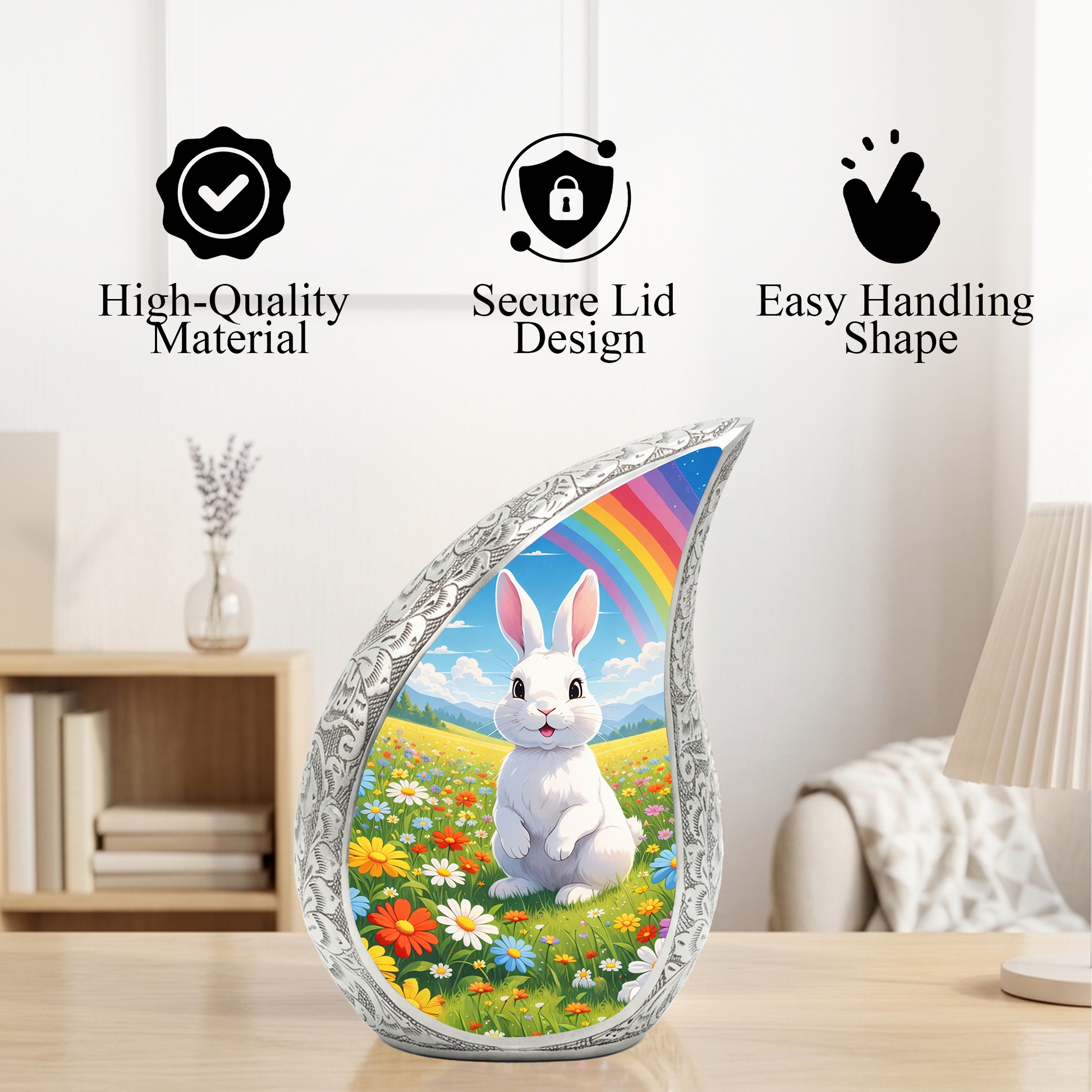Personalized Rabbit Cremation Urn – Rainbow Meadow Teardrop Memorial Urn, 10 Inch Aluminum