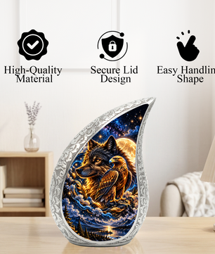 Wolf and Eagle Cremation Urn for Ashes, Wildlife Adult Memorial Urn, Celestial Animal Design