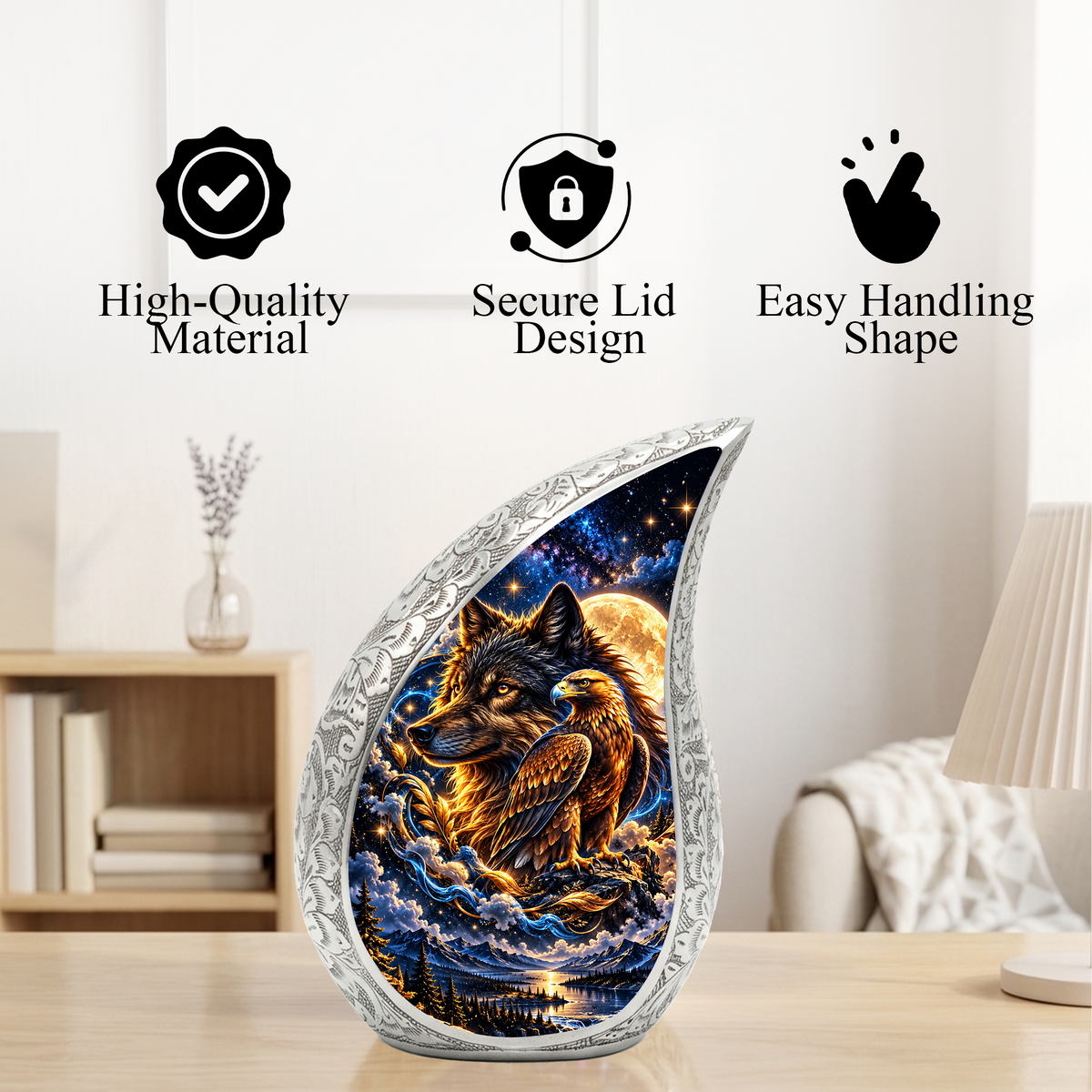 Wolf and Eagle Cremation Urn for Ashes, Wildlife Adult Memorial Urn, Celestial Animal Design