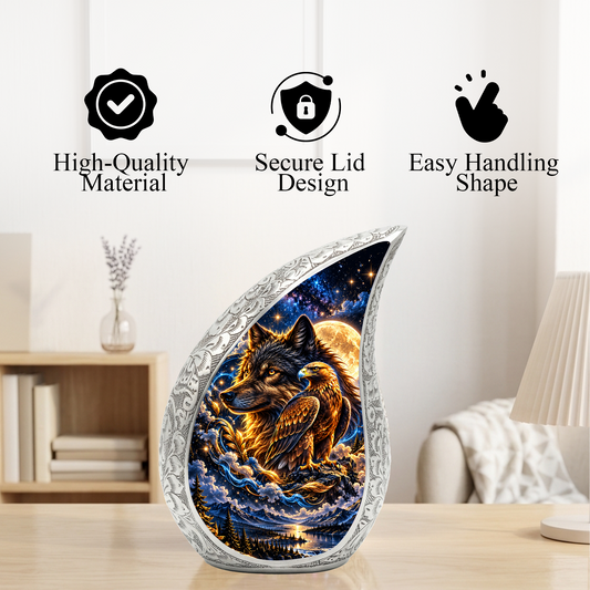 Wolf and Eagle Cremation Urn for Ashes, Wildlife Adult Memorial Urn, Celestial Animal Design