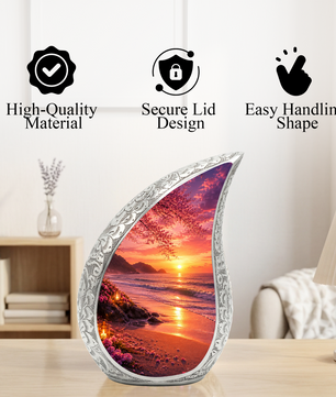 Ocean Beach Sunset Urn for Human Ashes | Beach Cremation Urn with Palm Tree