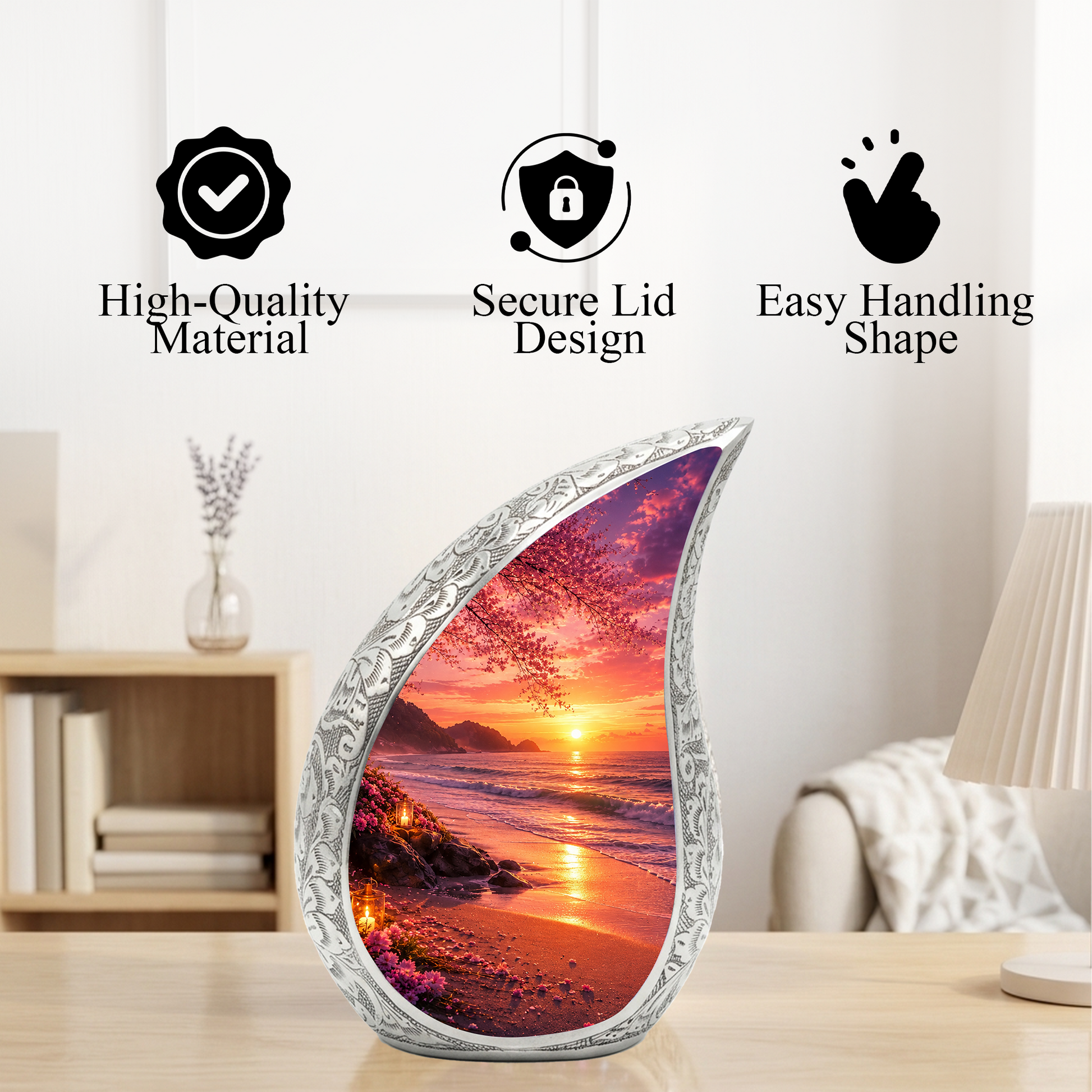 Ocean Beach Sunset Urn for Human Ashes | Beach Cremation Urn with Palm Tree