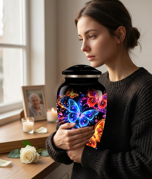 Personalized Butterfly Adult Cremation Urn for Ashes, Colorful Butterfly Memorial Urn, Black Cremation Urn