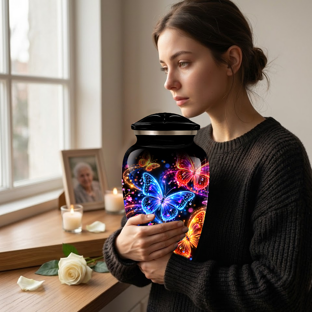 Personalized Butterfly Adult Cremation Urn for Ashes, Colorful Butterfly Memorial Urn, Black Cremation Urn