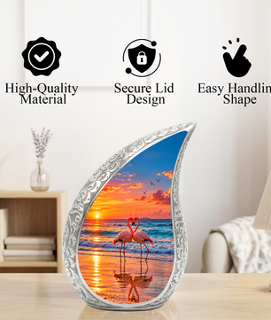 Flamingo Cremation Urn for Ashes, Beach Sunset Memorial Urn, Adult Aluminum Urn