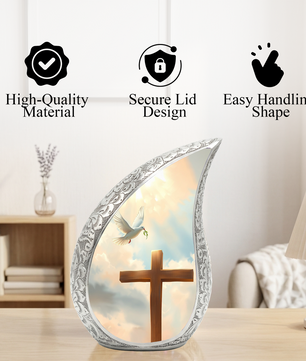 Christian Cross Personalized Cremation Urn – Teardrop Memorial Urn for Ashes | 10 Inch Aluminum Adult Urn