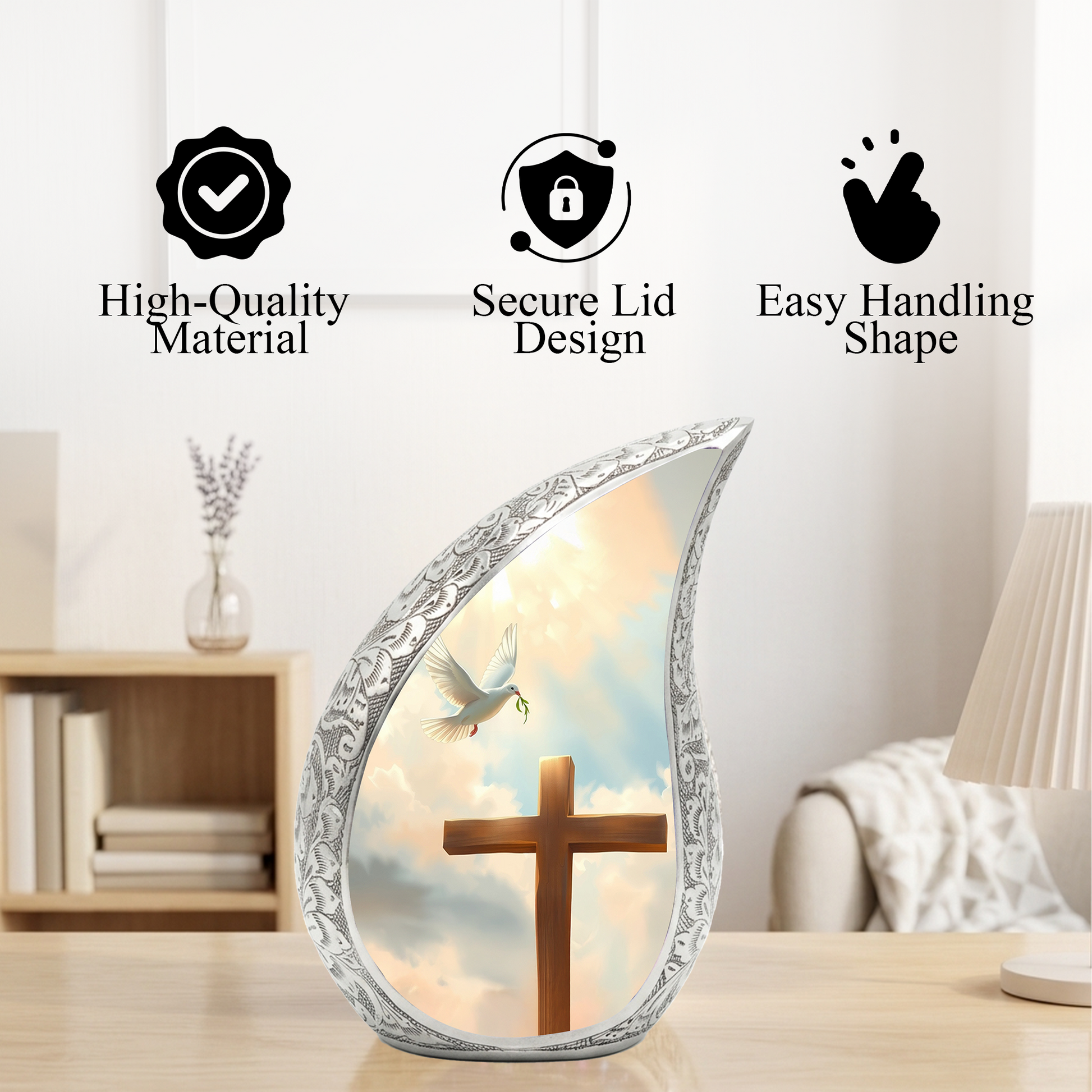 Christian Cross Personalized Cremation Urn – Teardrop Memorial Urn for Ashes | 10 Inch Aluminum Adult Urn