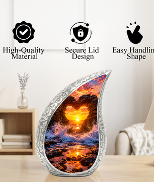 Heart Rock Ocean Sunset Memorial Urn – Personalized Cremation Urn for Human Ashes| Coastal Memorial Keepsake