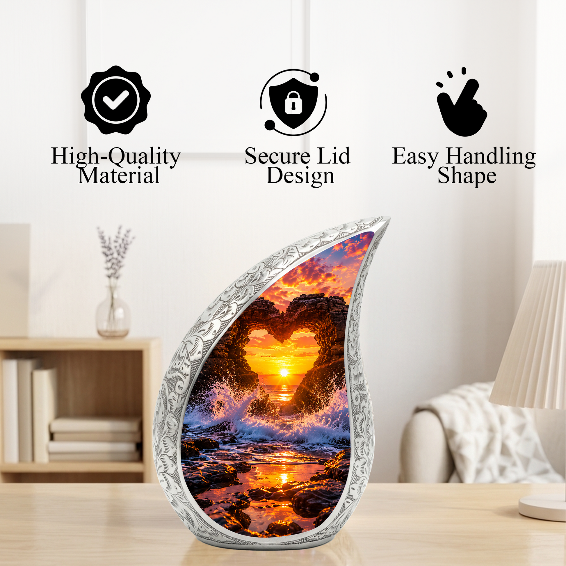 Heart Rock Ocean Sunset Memorial Urn – Personalized Cremation Urn for Human Ashes| Coastal Memorial Keepsake