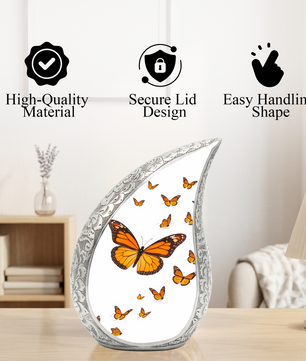 Butterfly Personalized Cremation Urn – Teardrop Style Aluminum Memorial Urn, 10 Inch