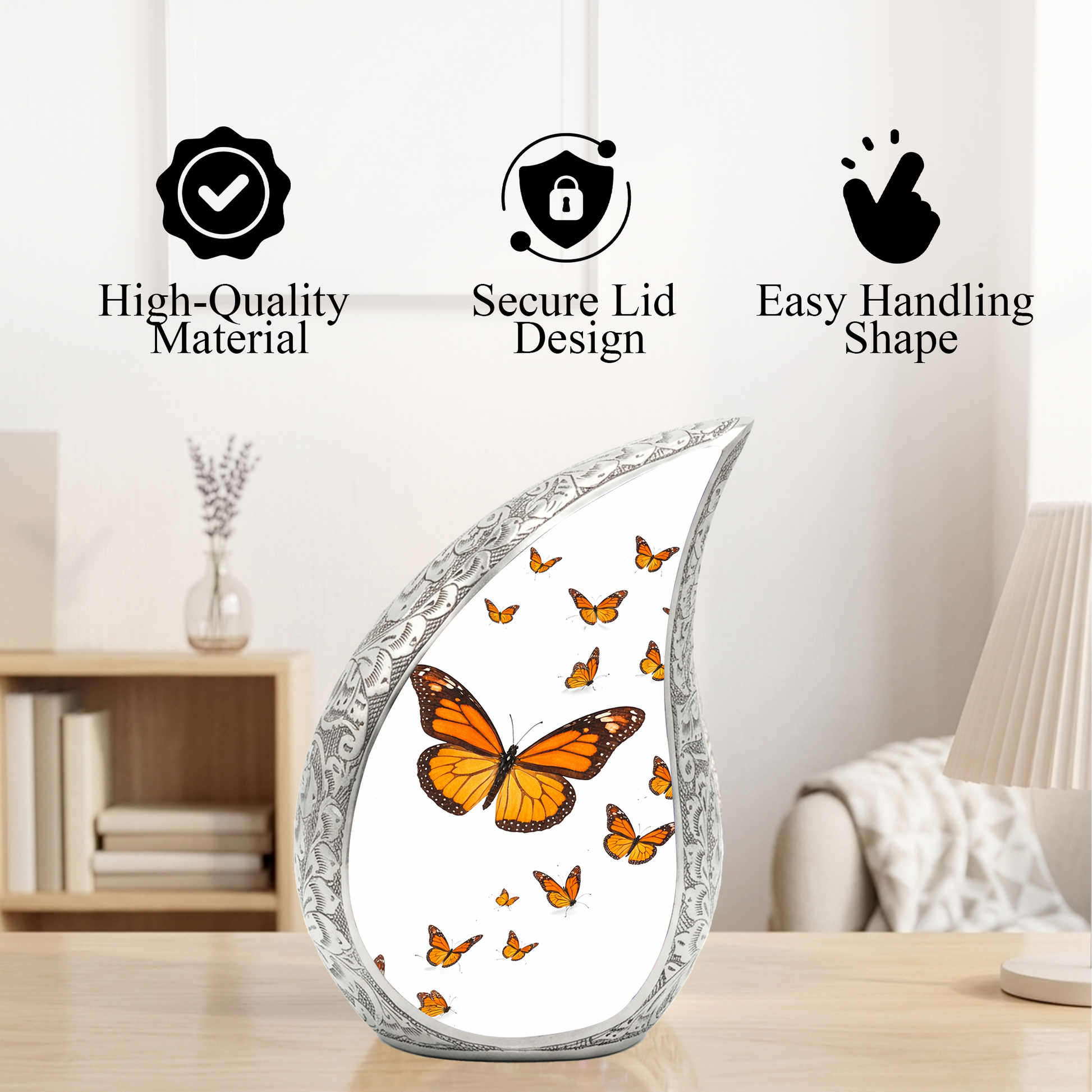 Butterfly Personalized Cremation Urn – Teardrop Style Aluminum Memorial Urn, 10 Inch